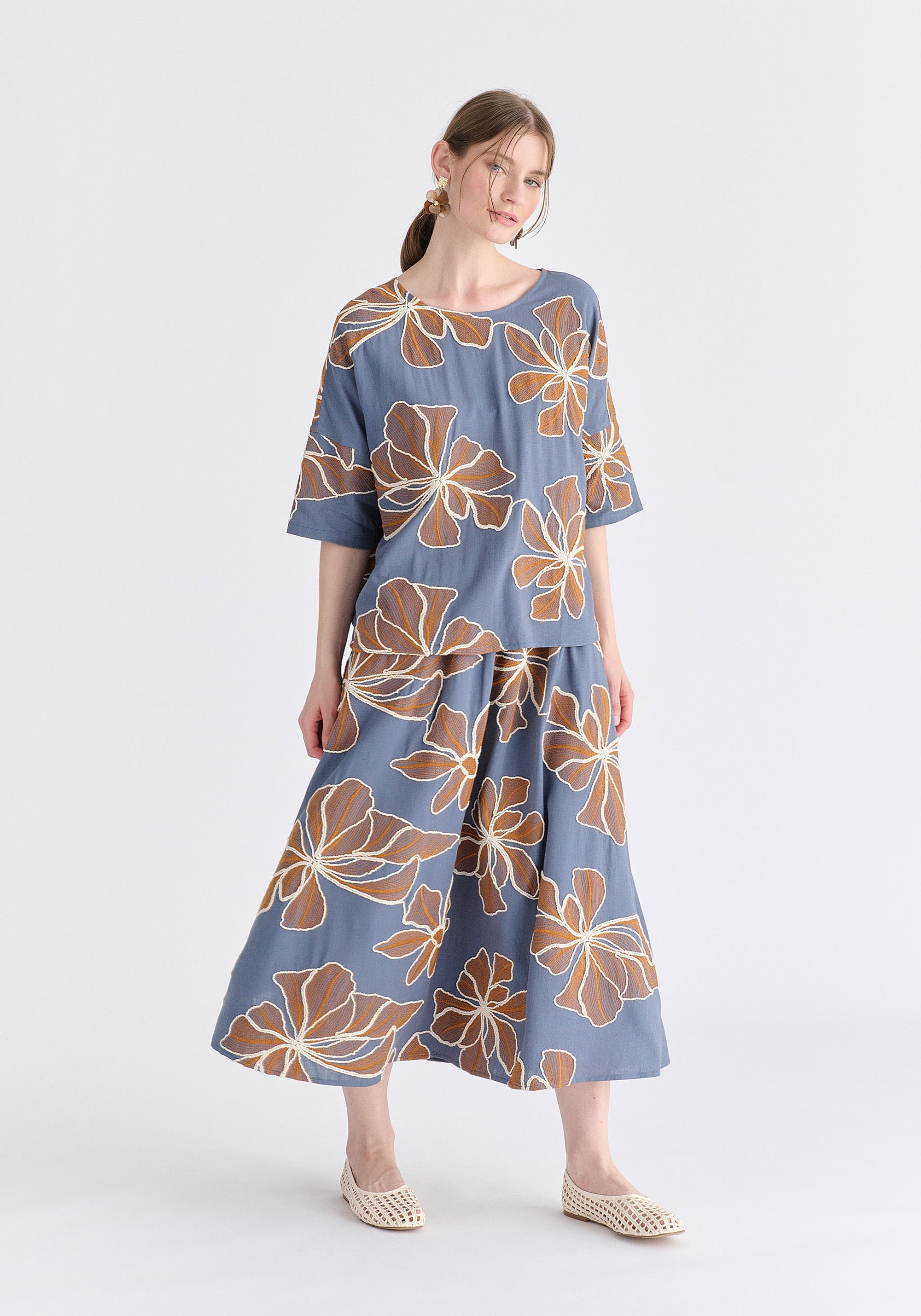 Floral Embroidered Midi Skirt in Blue Front