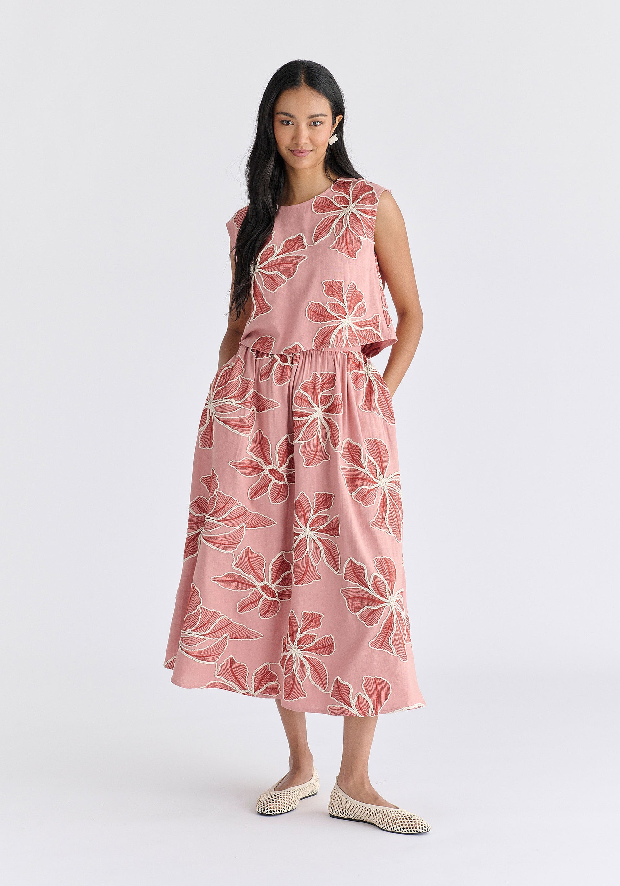 Floral Embroidered Midi Skirt in Pink Front