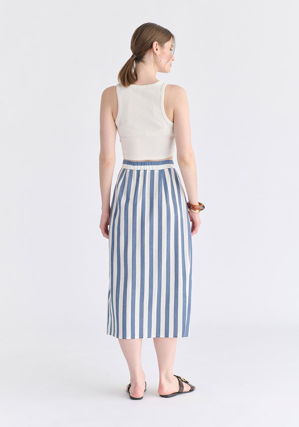 Draped Warp Midi Skirt in Blue and White Back