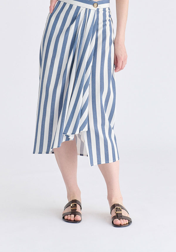 Draped Warp Midi Skirt in Blue and White Closeup