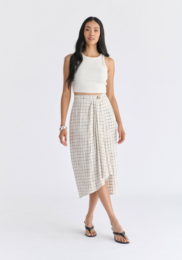 Draped Wrap Midi Skirt in Oatmeal and Black Front