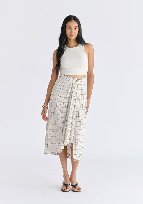Draped Wrap Midi Skirt in Oatmeal and Black Front
