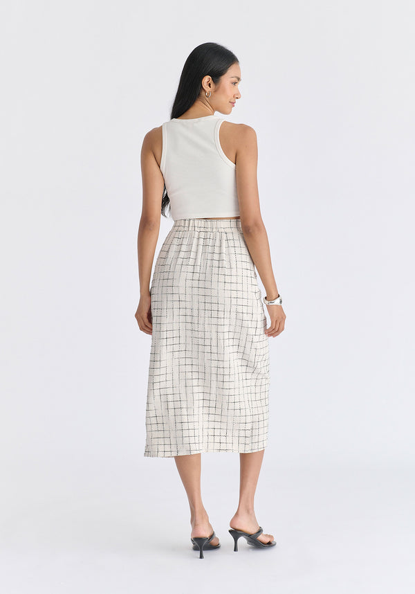 Draped Wrap Midi Skirt in Oatmeal and Black Back