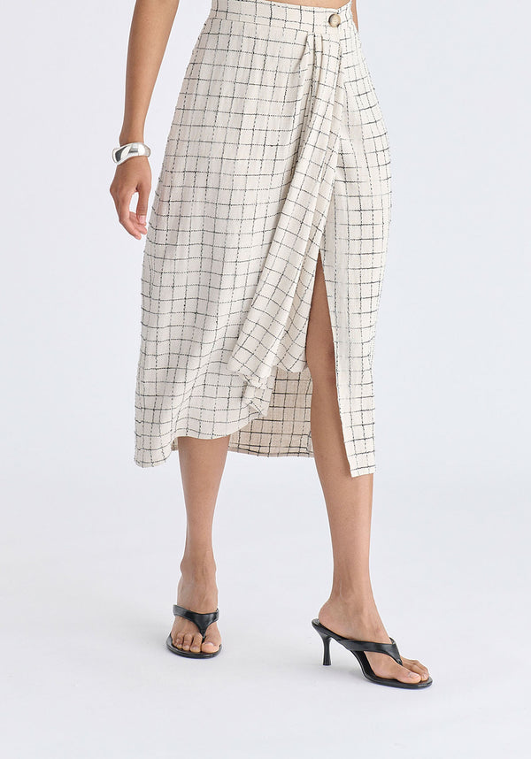 Draped Wrap Midi Skirt in Oatmeal and Black Closeup