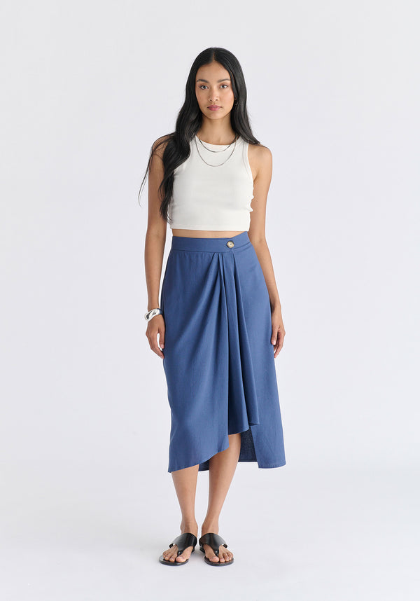 Draped Wrap Midi Skirt in Blue Front