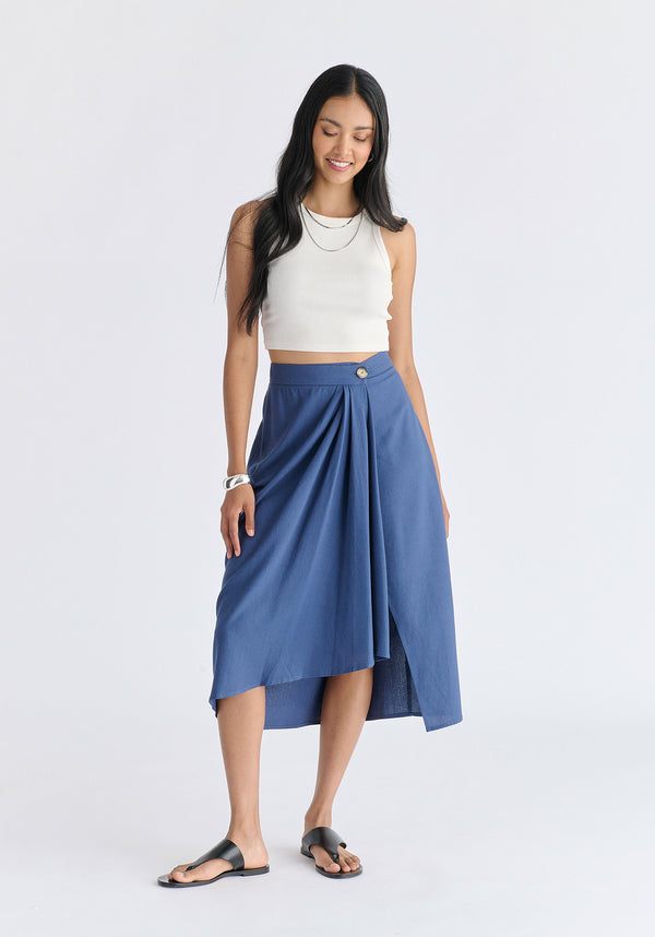 Draped Wrap Midi Skirt in Blue Front
