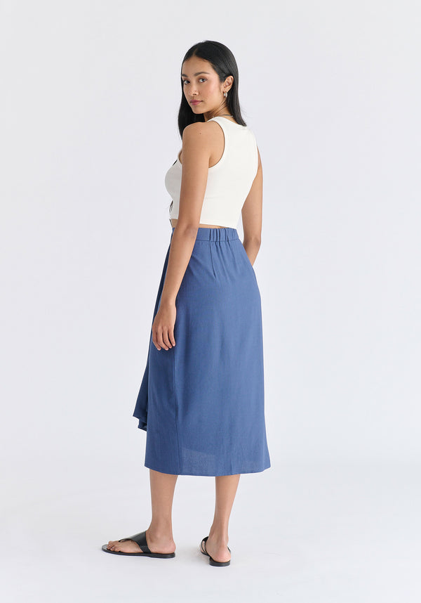 Draped Wrap Midi Skirt in Blue Back