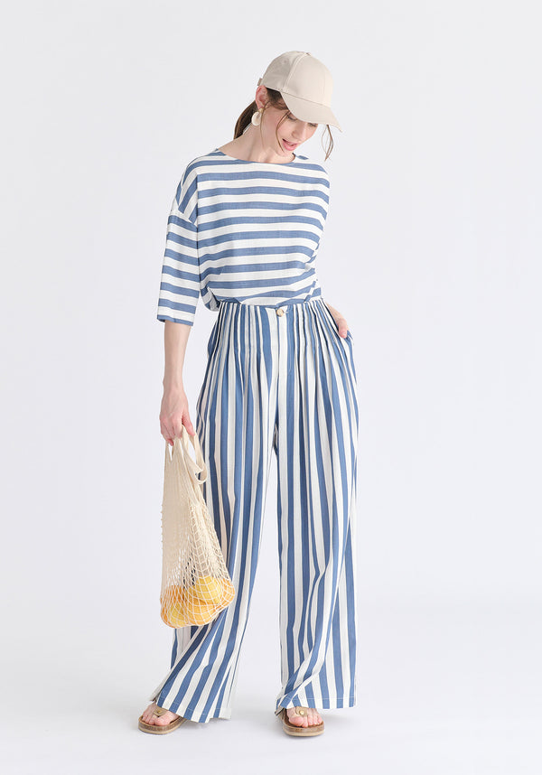 Front Pleats Detail Wide Leg Trousers in Blue and White Front