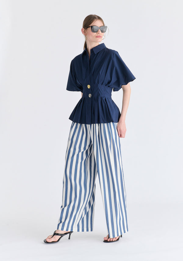 Front Pleats Detail Wide Leg Trousers in Blue and White Side