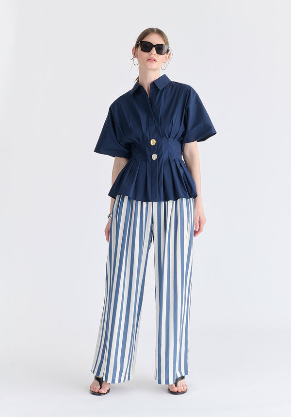 Front Pleats Detail Wide Leg Trousers in Blue and White Front