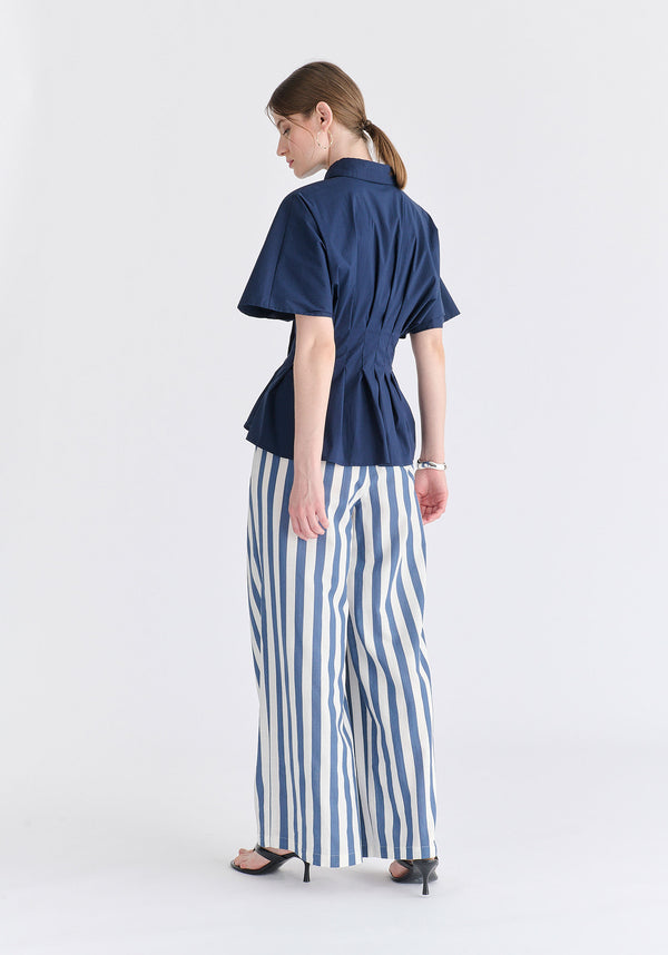 Front Pleats Detail Wide Leg Trousers in Blue and White Back