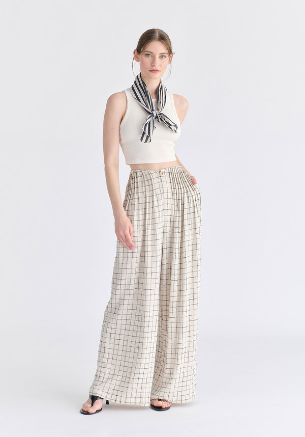 Front Pleats Detail Wide Leg Trousers in Oatmeal and Black Front