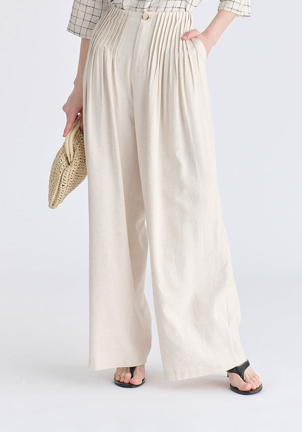Front Pleats Detail Wide Leg Trousers in Oatmeal Closeup