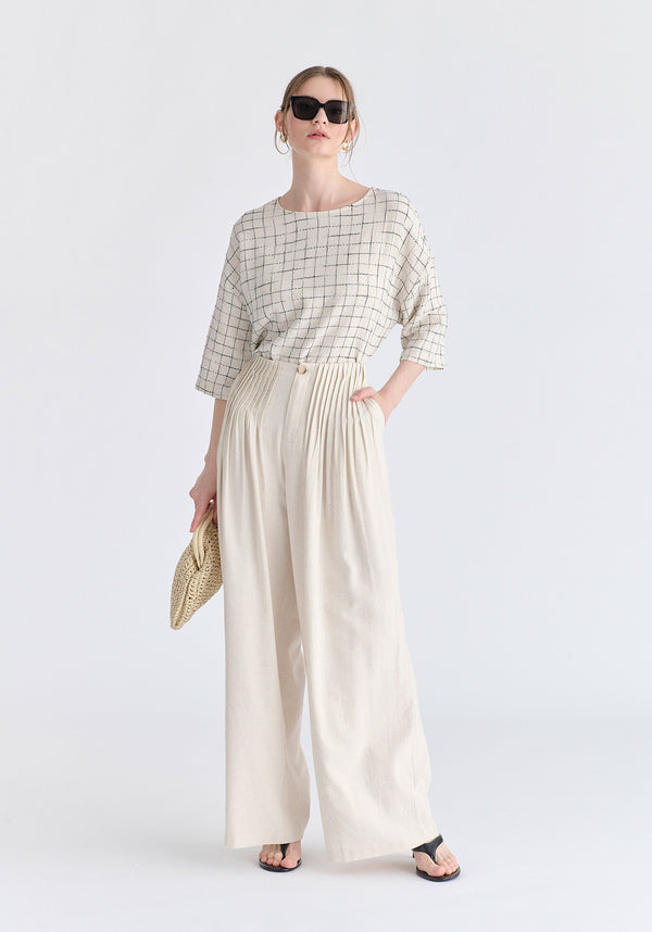 Front Pleats Detail Wide Leg Trousers in Oatmeal Front