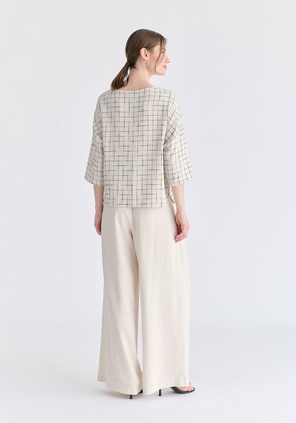 Front Pleats Detail Wide Leg Trousers in Oatmeal Back