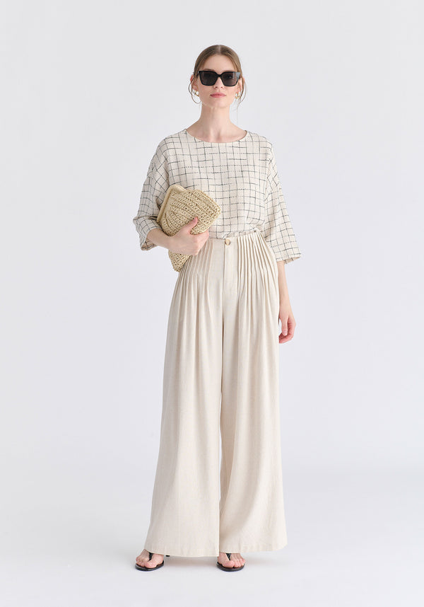 Front Pleats Detail Wide Leg Trousers in Oatmeal Front