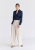 Front Pleats Detail Wide Leg Trousers in Oatmeal Front