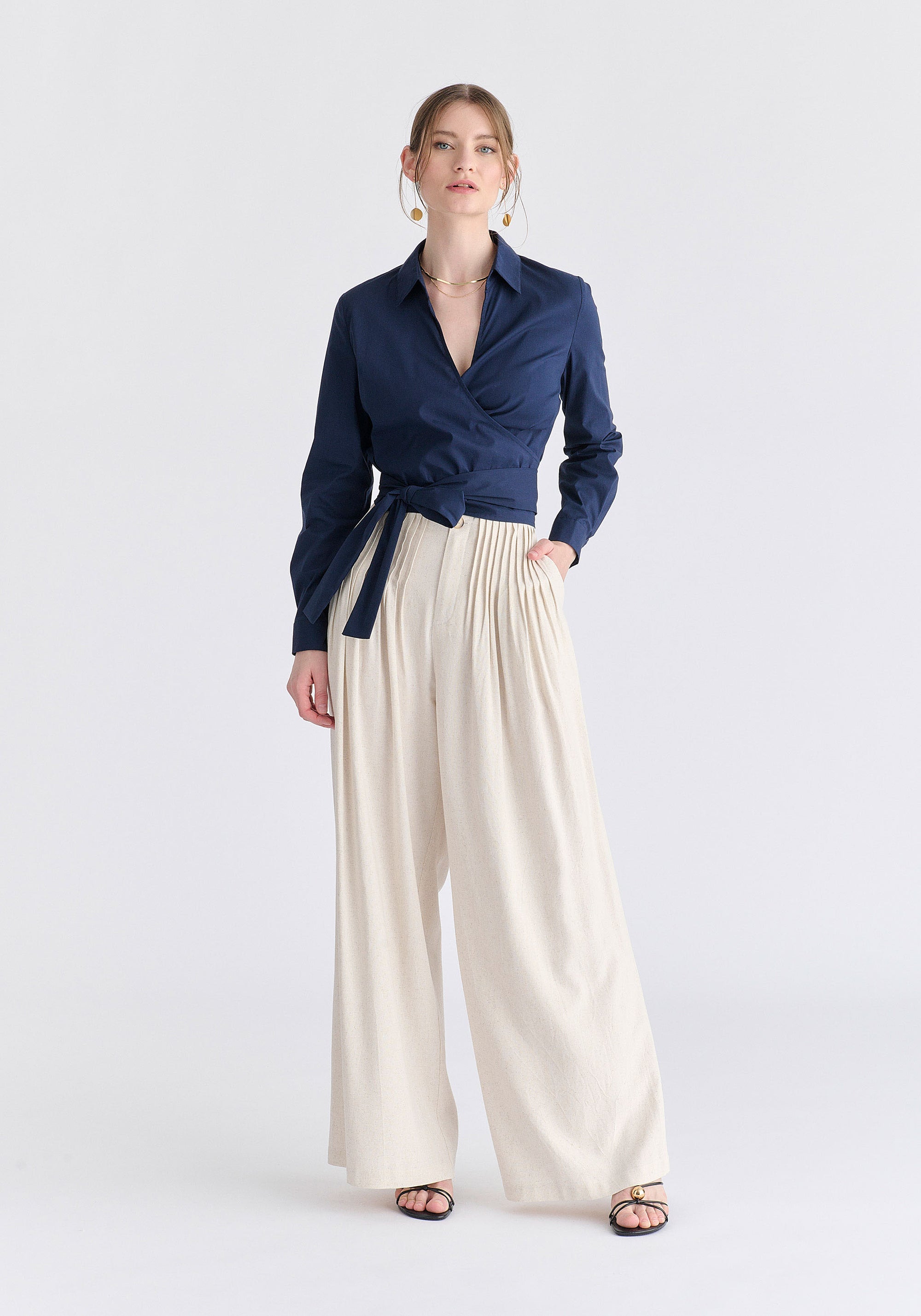 Front Pleats Detail Wide Leg Trousers in Oatmeal Front