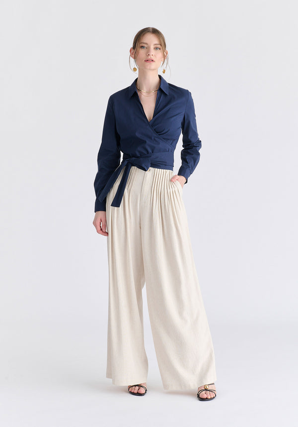 Front Pleats Detail Wide Leg Trousers in Oatmeal Front