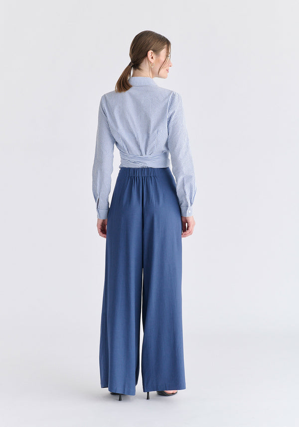 Front Pleats Detail Wide Leg Trousers in Blue Back