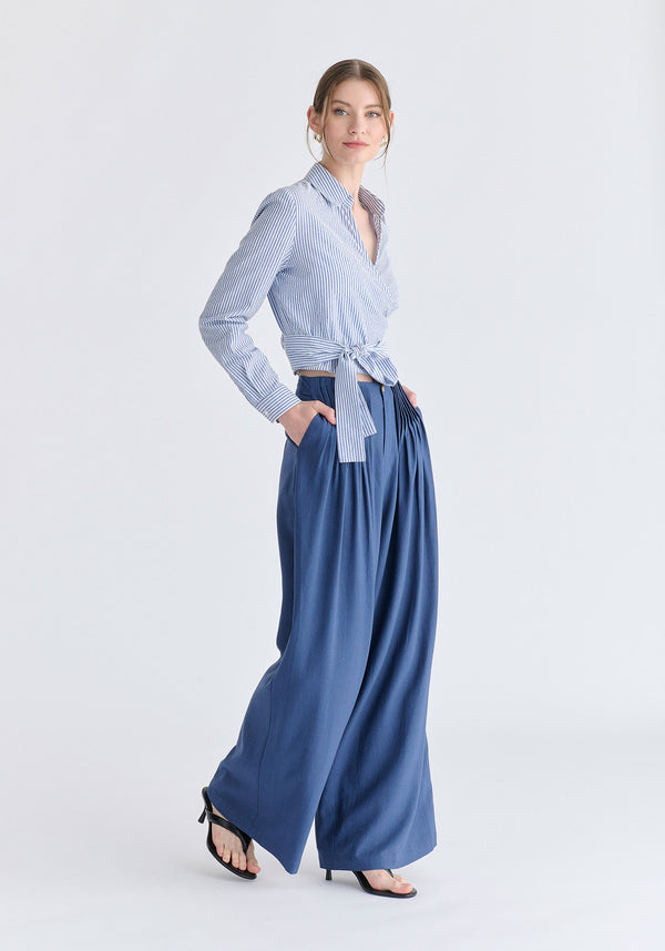 Front Pleats Detail Wide Leg Trousers in Blue Side