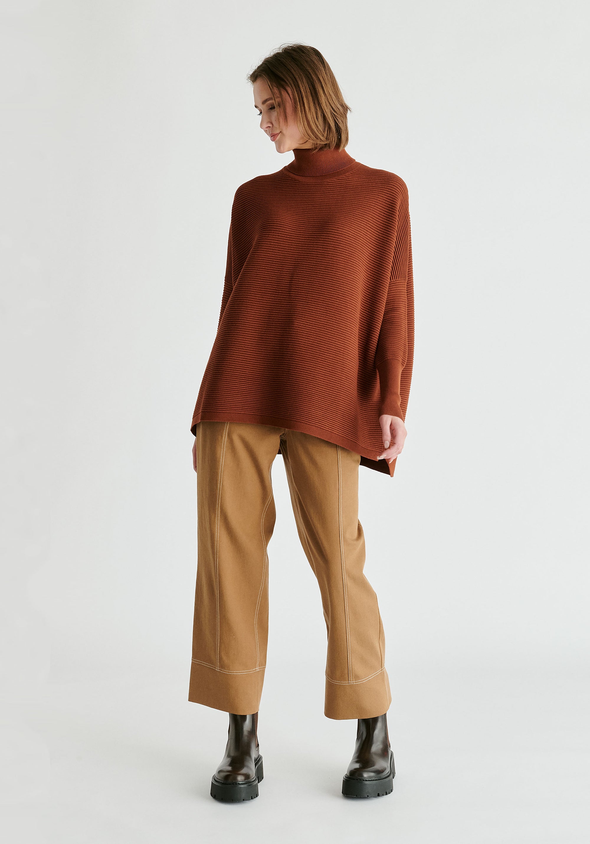 Paisie Turtleneck Ribbed Jumper in Brown Front