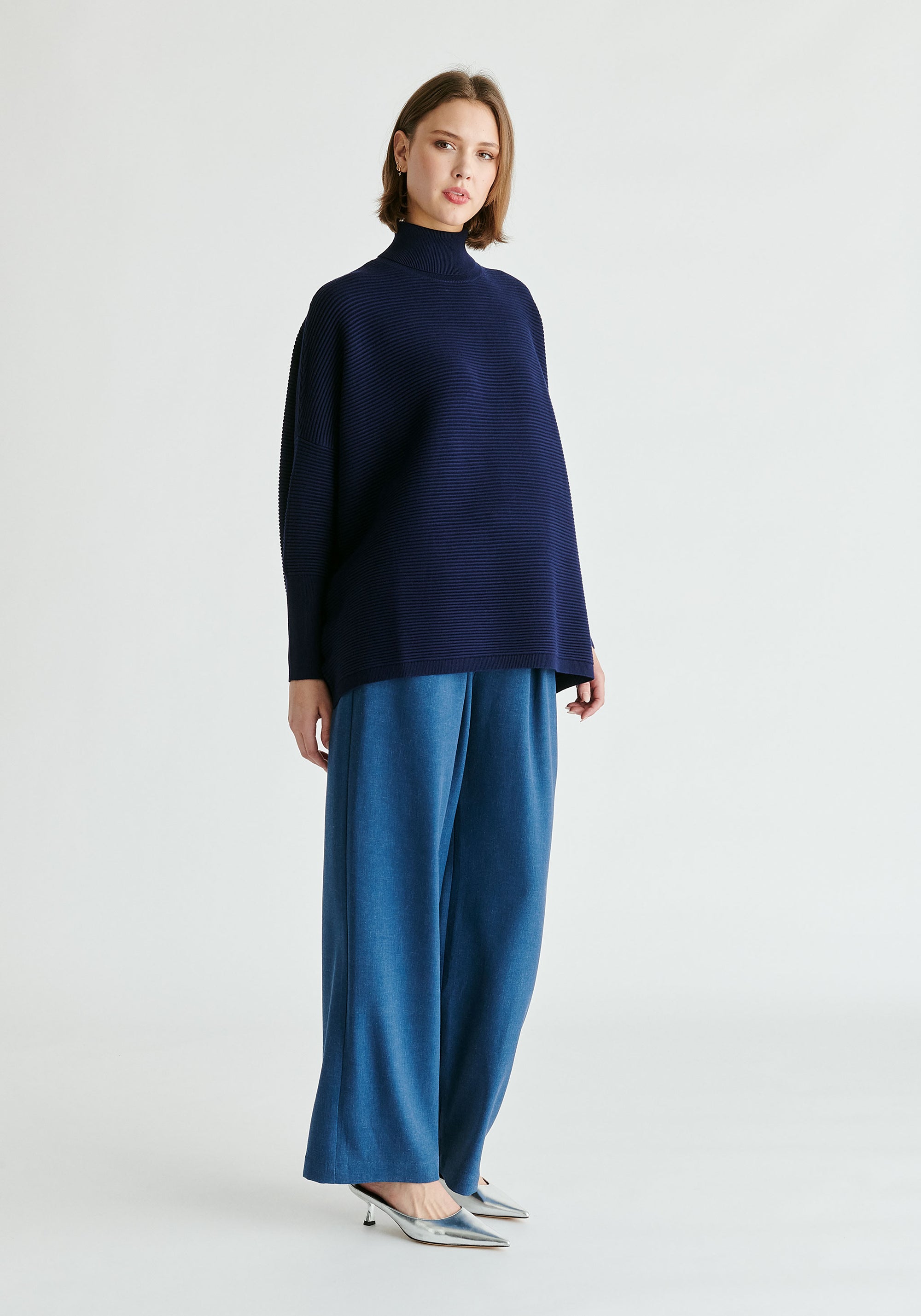 Paisie Turtleneck Ribbed Jumper in Navy Side