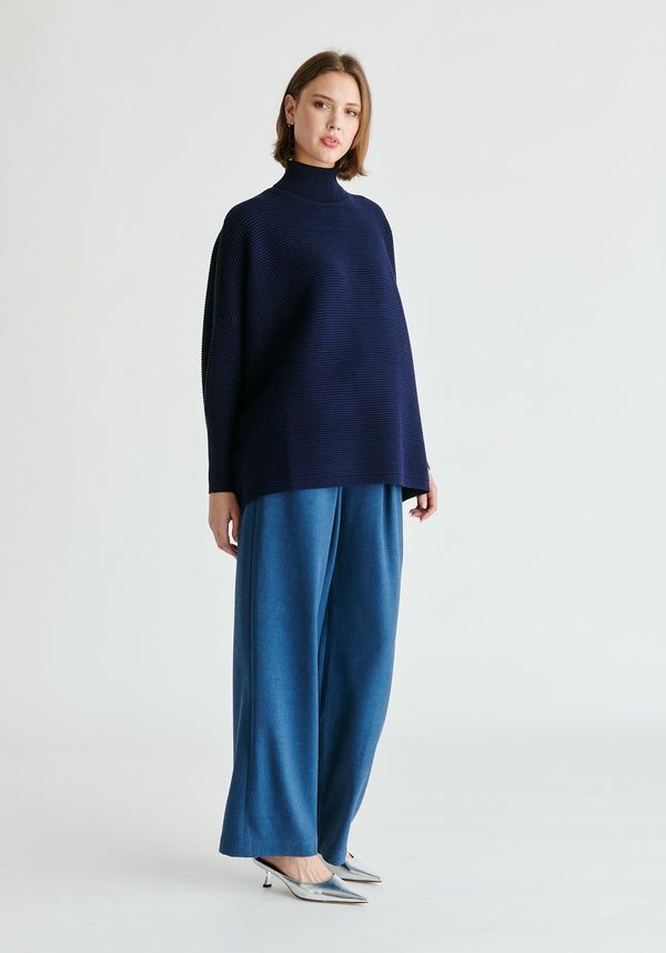 Paisie Turtleneck Ribbed Jumper in Navy Side