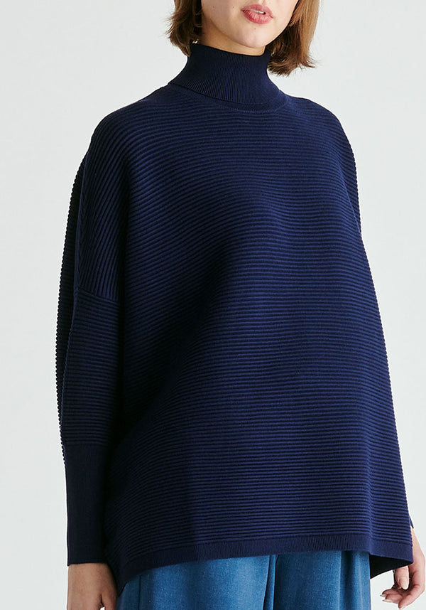 Paisie Turtleneck Ribbed Jumper in Navy Closeup