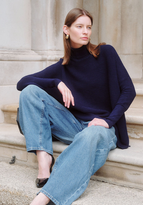 Paisie Turtleneck Ribbed Jumper in Navy Photoshoot