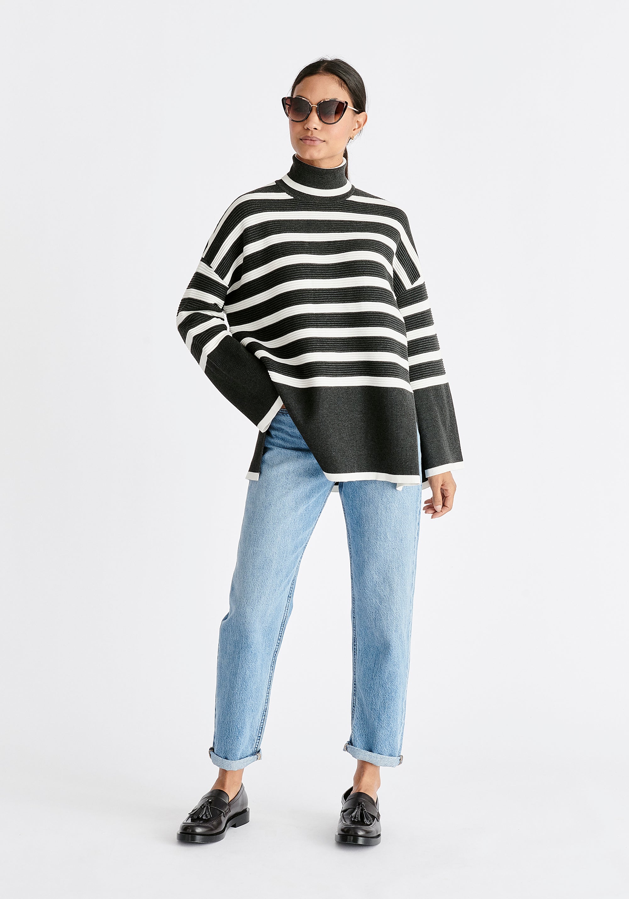Paisie Striped Ribbed Wide Sleeve Jumper in Dark Grey and White