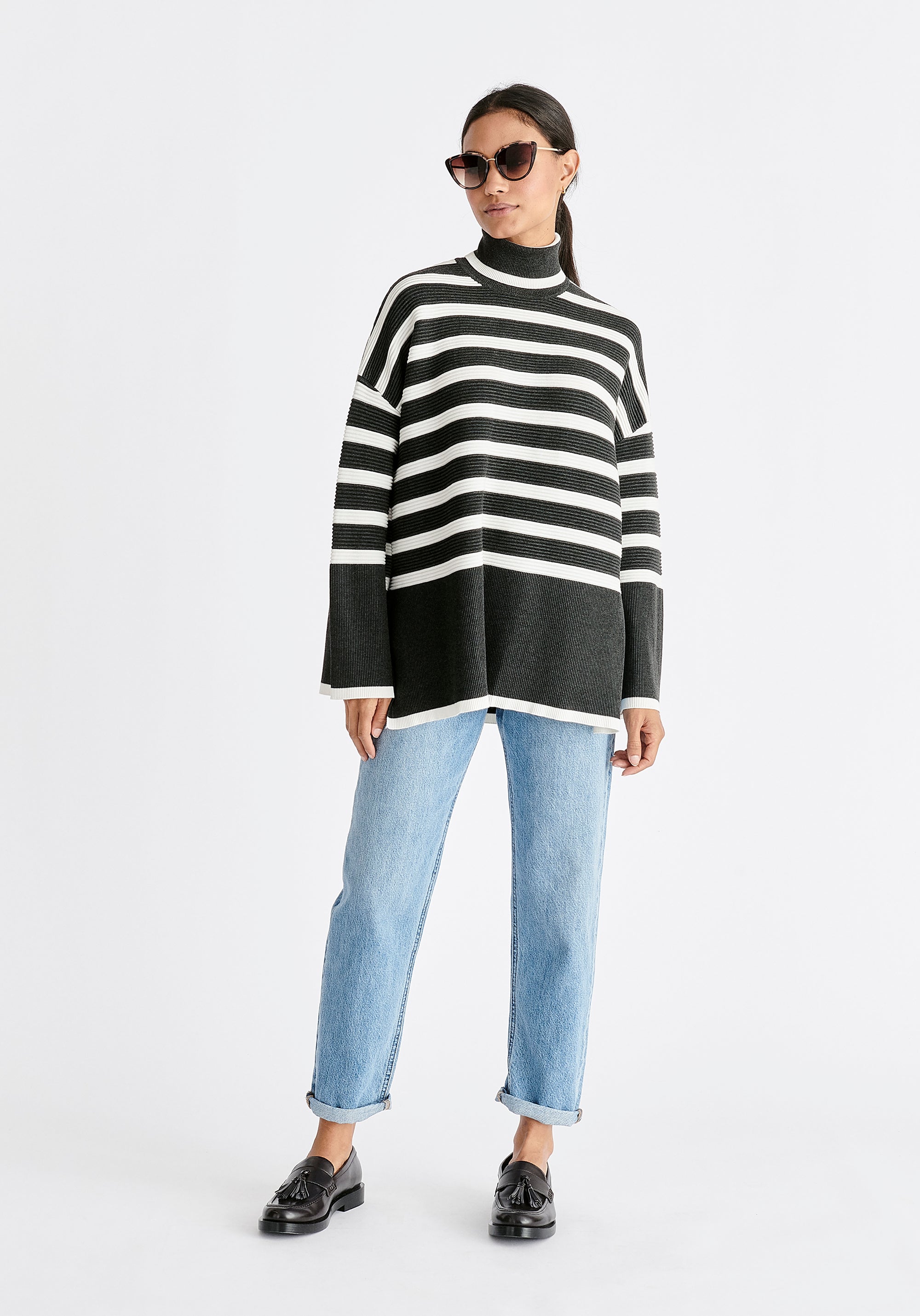 Paisie Striped Ribbed Wide Sleeve Jumper in Dark Grey and White
