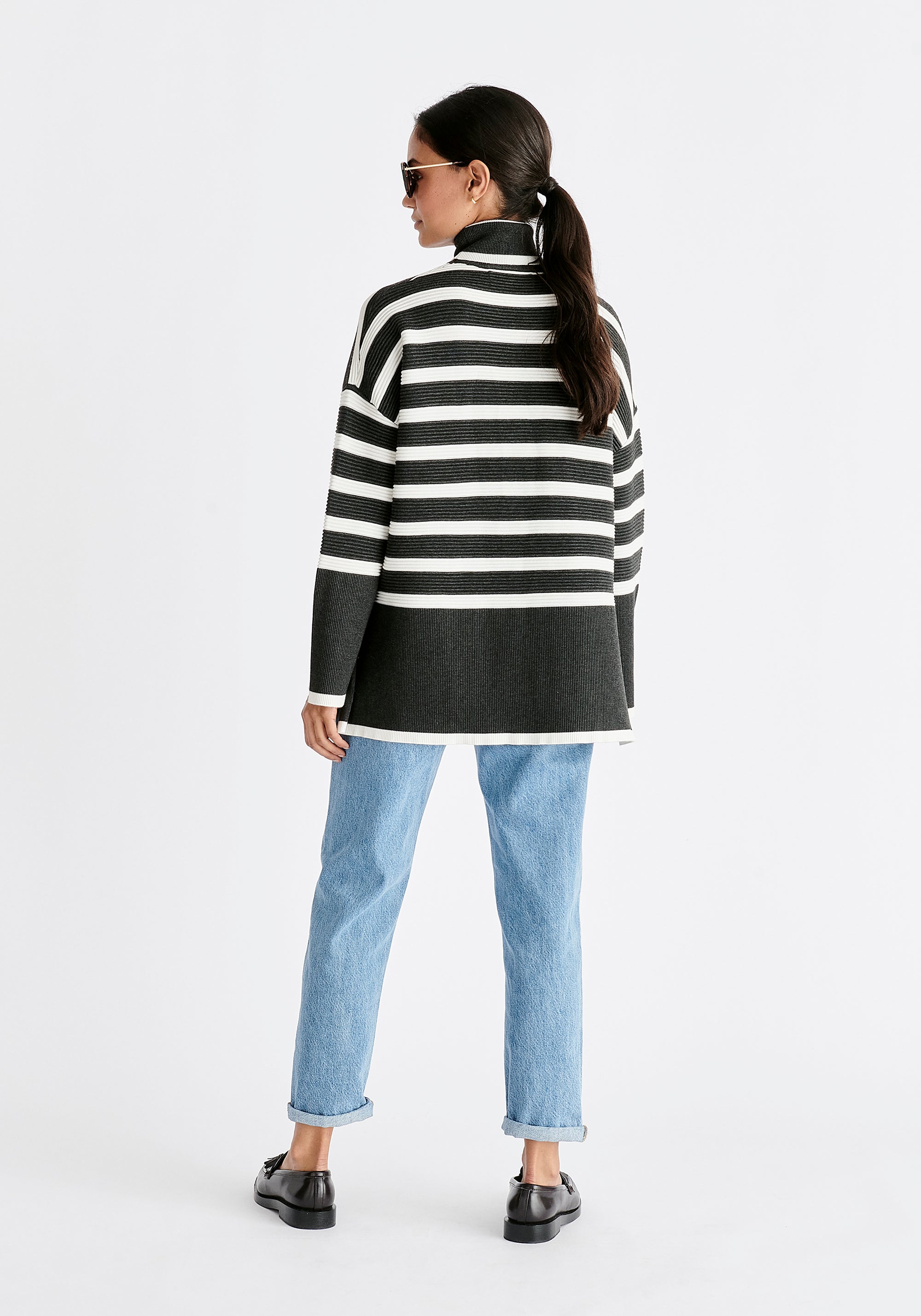 Paisie Striped Ribbed Wide Sleeve Jumper in Dark Grey and White Back