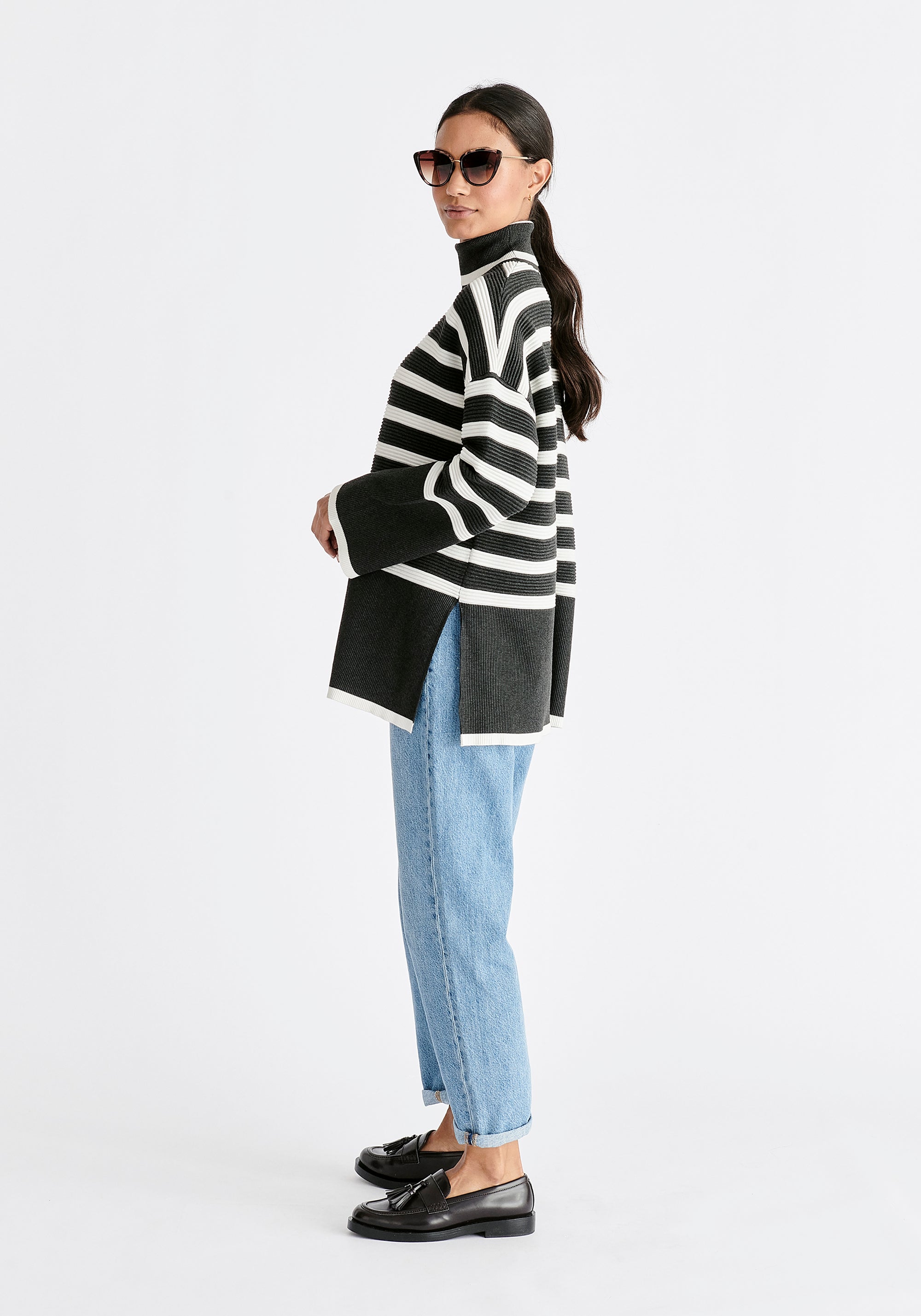 Paisie Striped Ribbed Wide Sleeve Jumper in Dark Grey and White Side