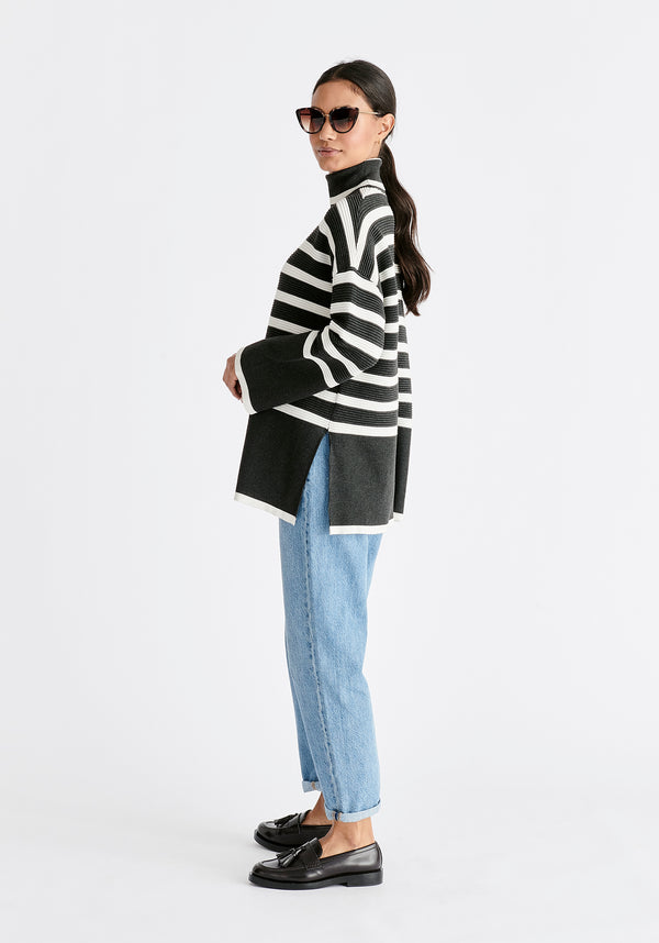 Paisie Striped Ribbed Wide Sleeve Jumper in Dark Grey and White Side