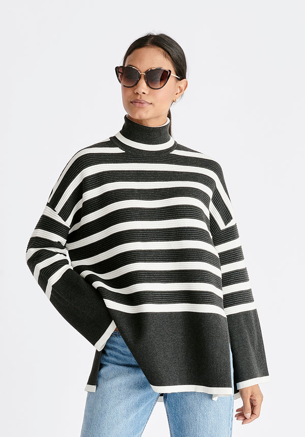 Paisie Striped Ribbed Wide Sleeve Jumper in Dark Grey and White