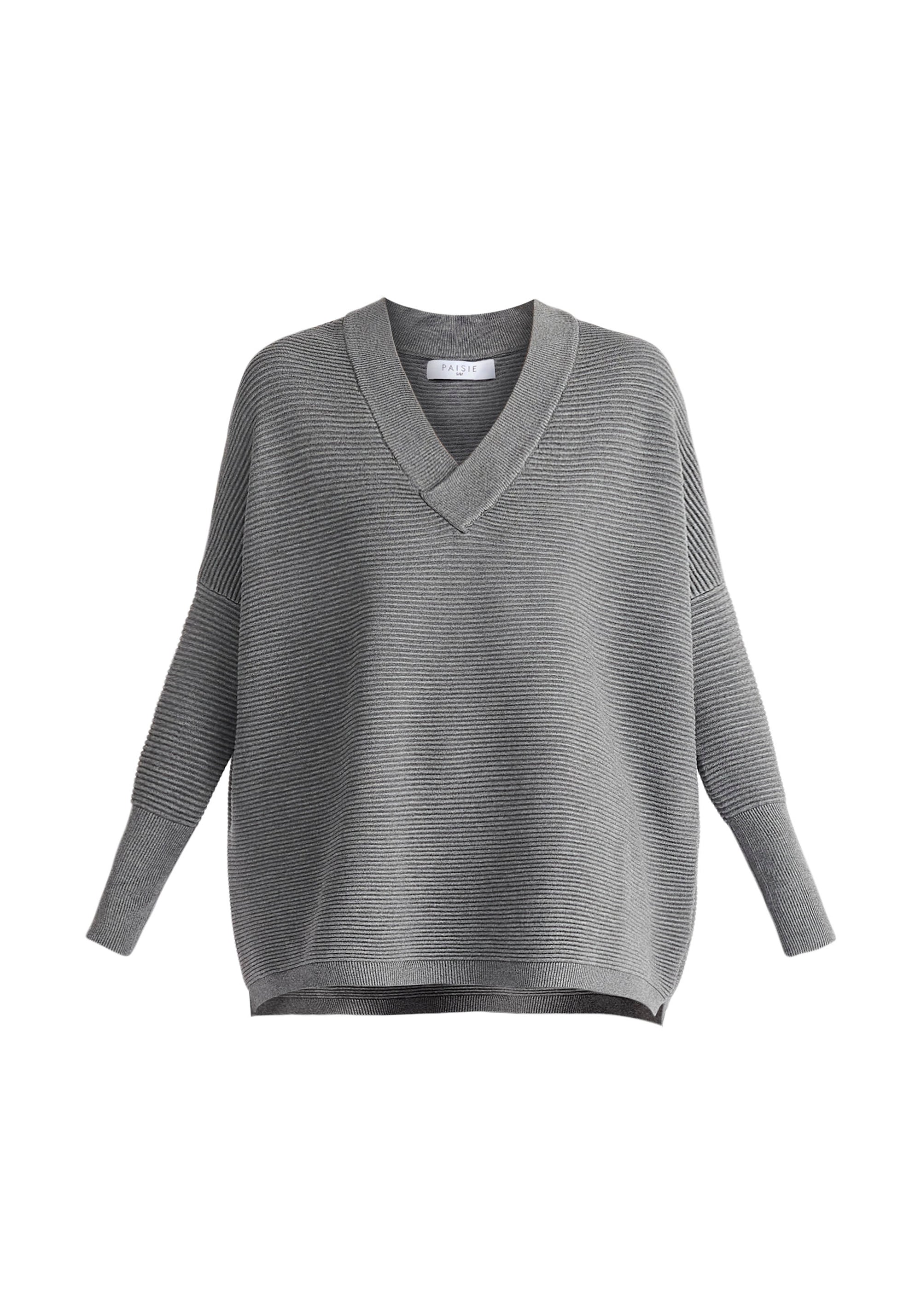 Paisie V-Neck Ribbed Jumper in Grey Cut Out