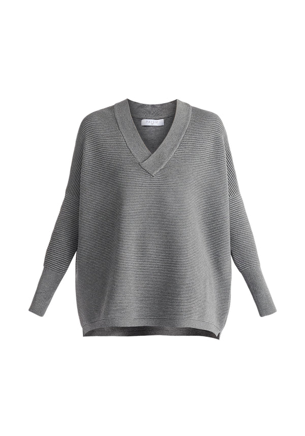 Paisie V-Neck Ribbed Jumper in Grey Cut Out