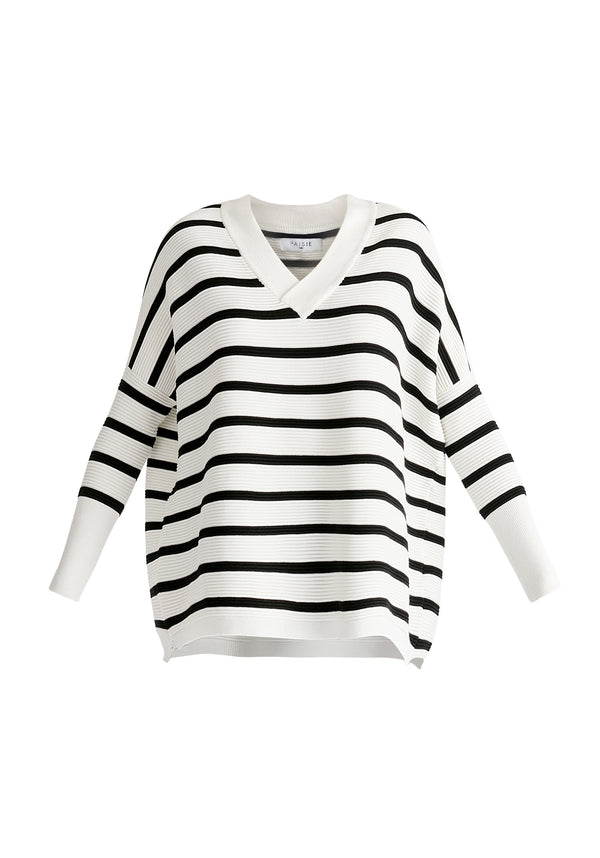 Paisie V-Neck Ribbed Jumper in White and Black