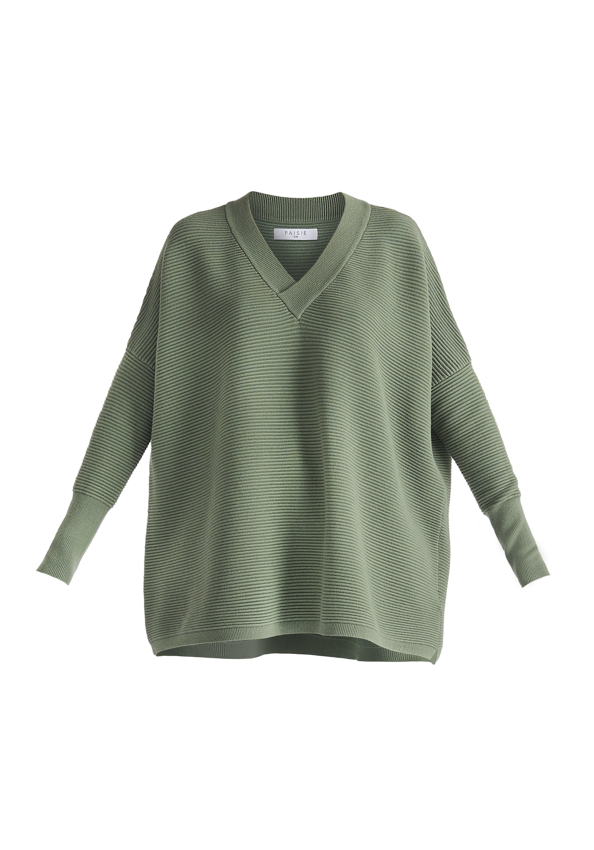 Paisie V-Neck Ribbed Jumper in Sage Green Cut Out