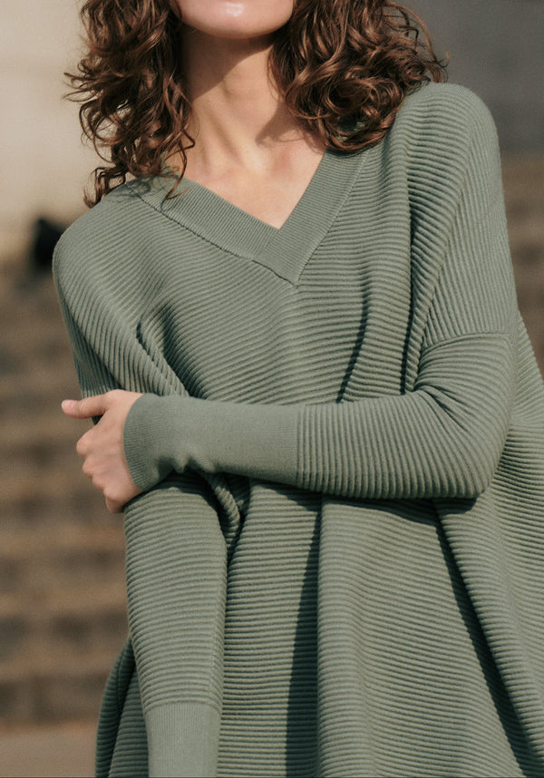 Paisie V-Neck Ribbed Jumper in Sage Green