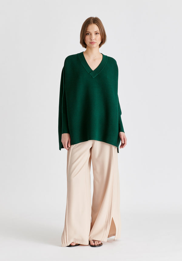 Paisie V-Neck Ribbed Jumper In Dark Green Front