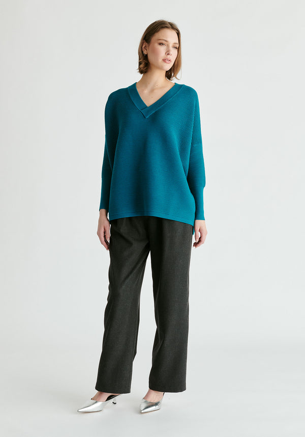 Paisie V-Neck Ribbed Jumper in Ocean Blue Front