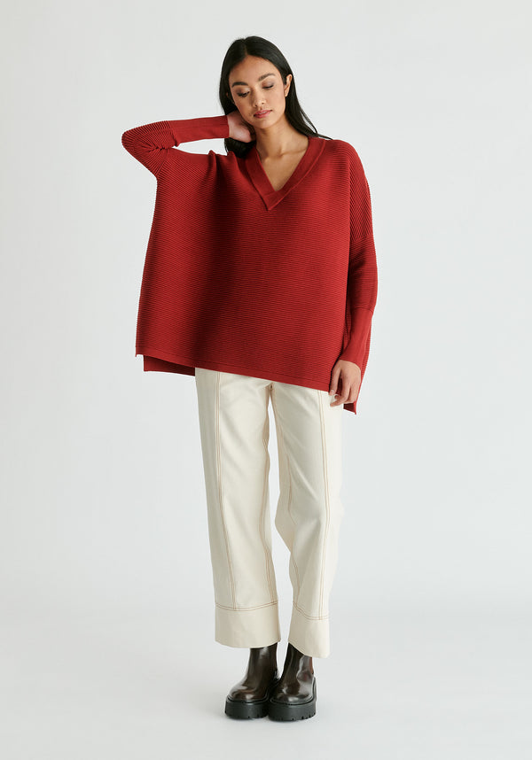 Paisie V-Neck Ribbed Jumper in Red Front