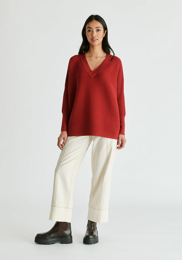 Paisie V-Neck Ribbed Jumper in Red Front