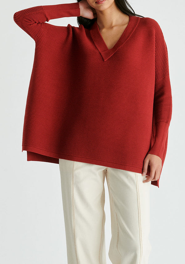 Paisie V-Neck Ribbed Jumper in Red Closeup