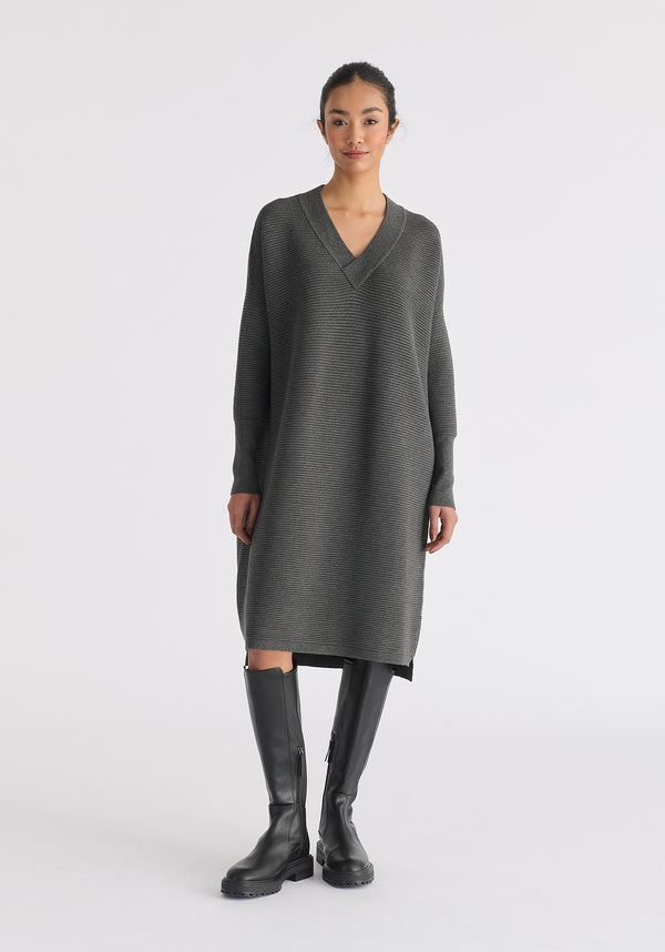 Paisie V-Neck Ribbed Jumper Dress in Dark Grey