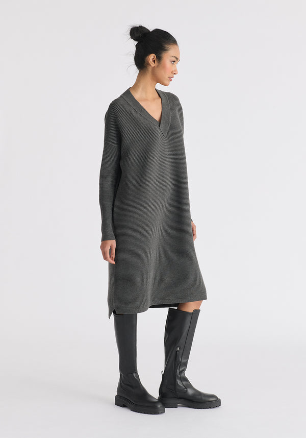Paisie V-Neck Ribbed Jumper Dress in Dark Grey Side