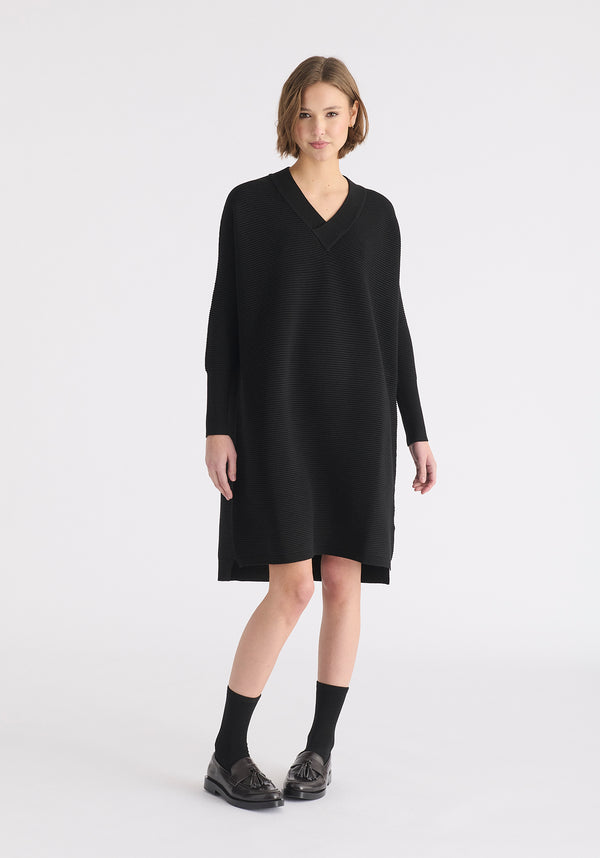 Paisie V-Neck Ribbed Jumper Dress in Black