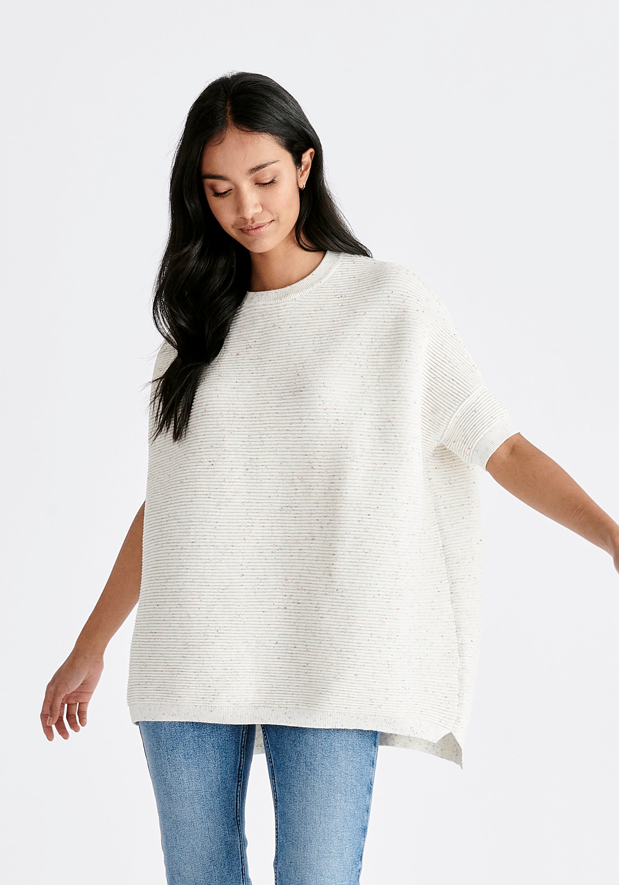 Paisie Short Sleeve Ribbed Jumper In White and Multicolour Speckles